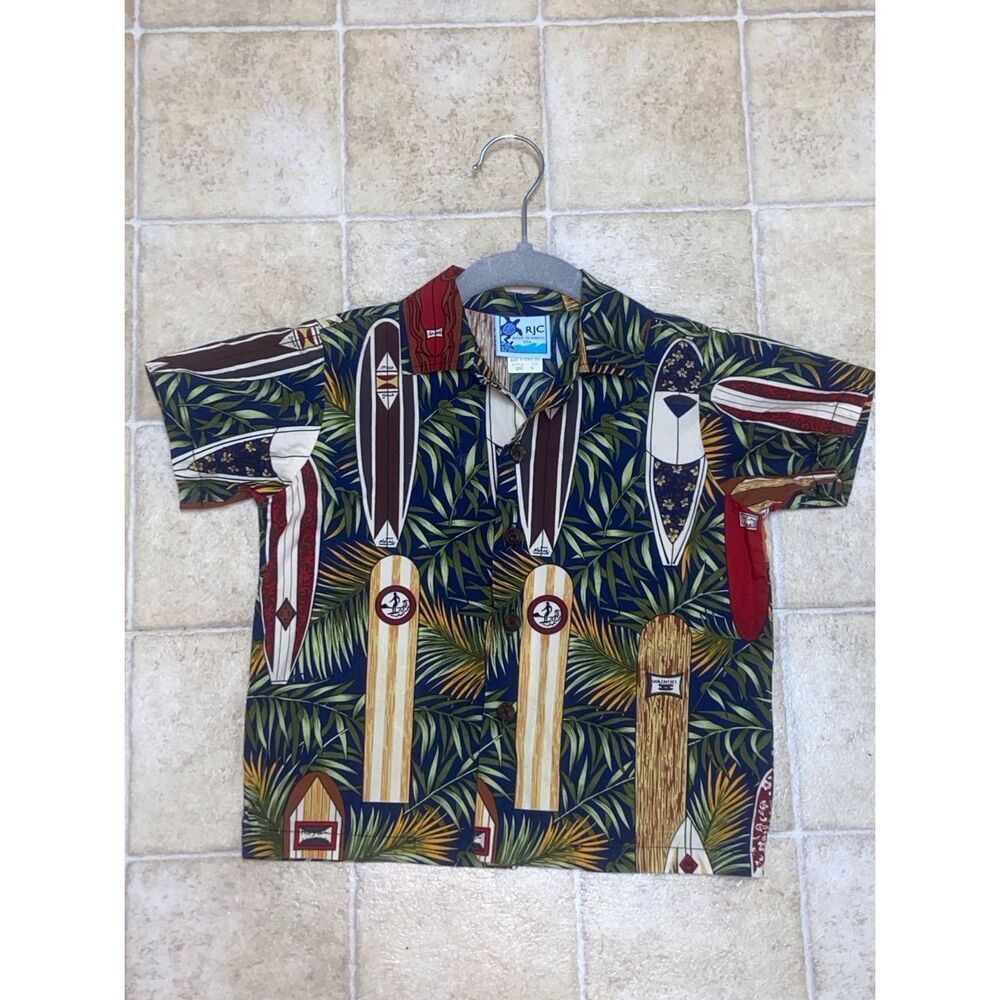 VTG, Kids RJC Made In USA Hawaiian Surfboard Camp Shirt - Green Brown & Red Sz,5